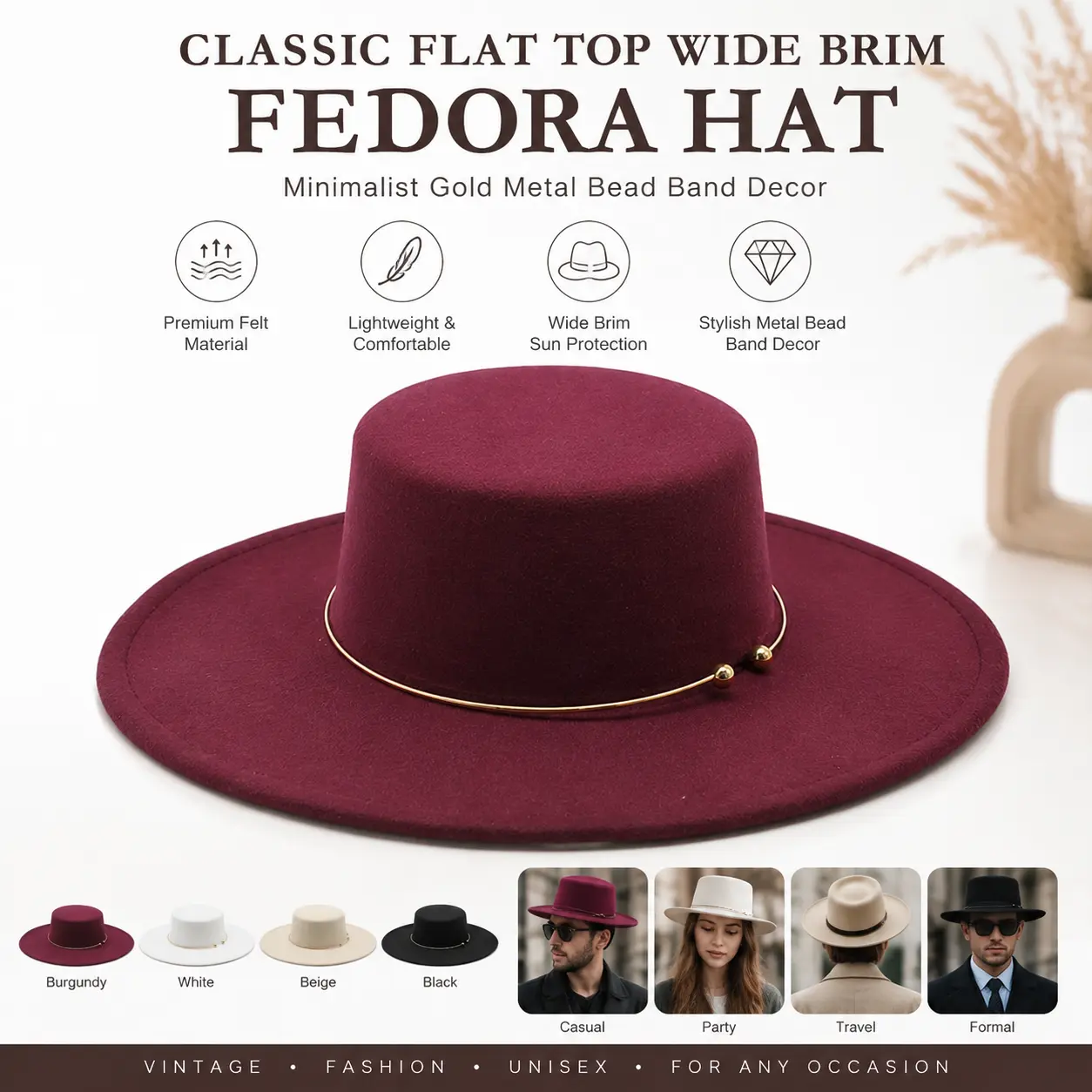 Classic Flat Top Wide Brim Felt Fedora Hat For Men Women, Minimalist Gold Metal Bead Band Decor Jazz Top Hat, Retro Vintage Formal Casual Dress Hat For Party Wedding Travel Street Fashion