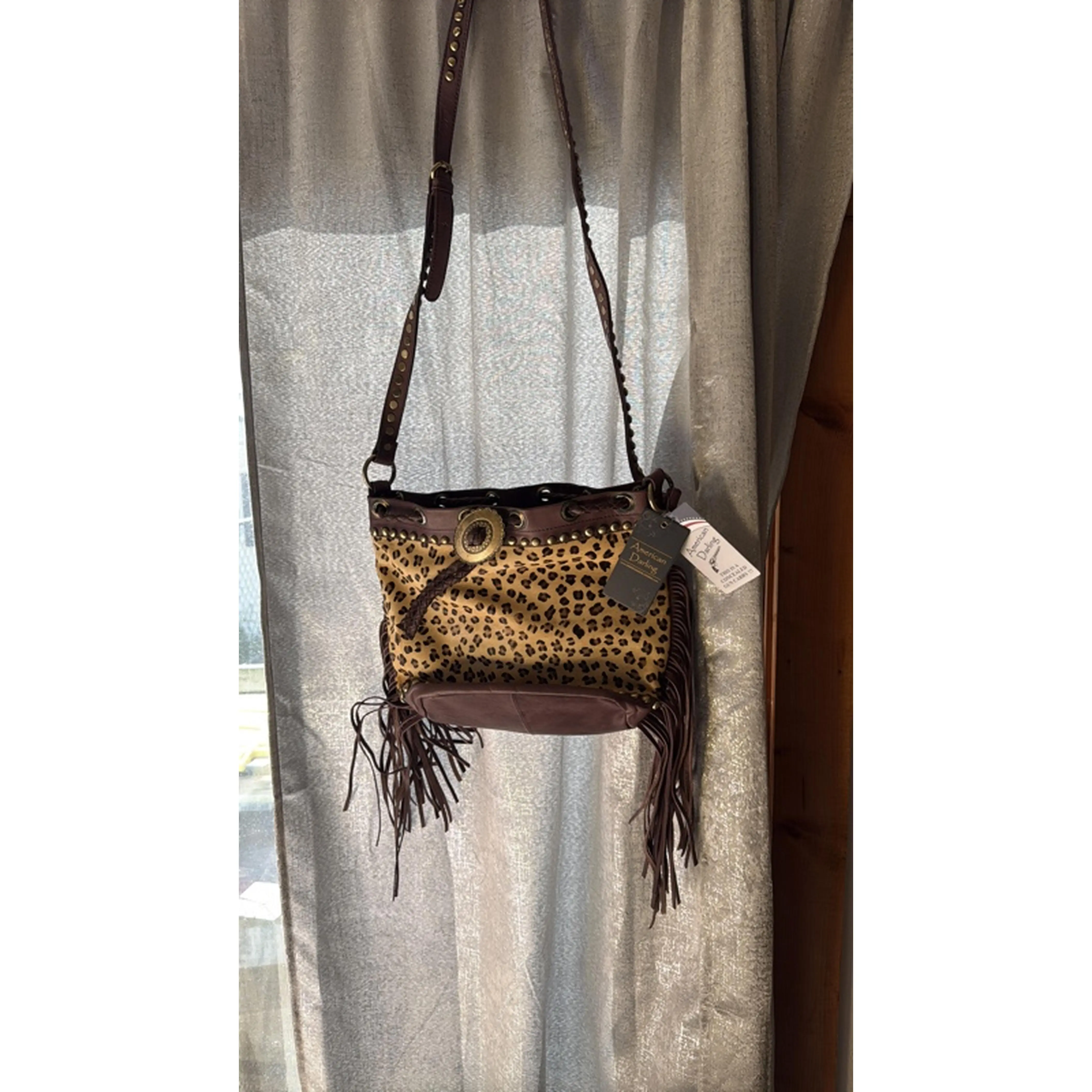 American Darling Concealed Carry Bag - Leopard Print with Fringe Details and Brown Leather Accents