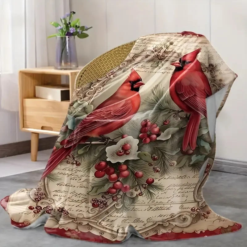 Festive Christmas Flannel Fabric Blanket - 80×120cm(32×48in), Red Birds & Flowers Wreath Pattern, Soft Texture, Home Supplies for Sofas, Beds