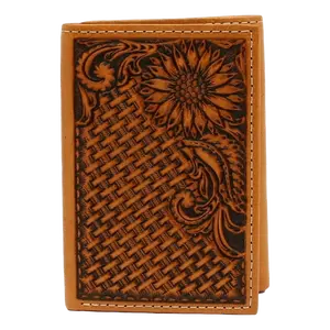 Men’s Trifold Genuine Leather Wallet - Sunflower Tooling Design, Card Slots, ID Window, Genuine Leather Bag, Men’s Luggage & Bags Accessory