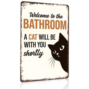 8x12 Inch Aluminum Metal Sign - "Welcome to the Bathroom A Cat Will Be With You Shortly" |   Funny Cat Lover Bathroom Decor, Perfect for Home, Guest Restroom, Cat Cafe, and Pet Lovers' Space |   Retro Rustic Tin Plaque, Easy to Hang, Great Gift for Cat Pa