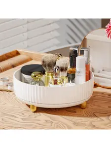 1pc Large Capacity  Rotating Cosmetic Perfume Organizer, Fashion Black Vanity Storage Tray with Gold Accents, Sturdy Ribbed Edge, No Assembly Required, Perfect for Your Dresser