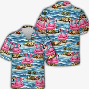 Floatie Flamingo Hawaiian Shirt, Tropical Aloha Beach Button Up, Summer Vacation Party Shirt, Island Luau Outfit Gift