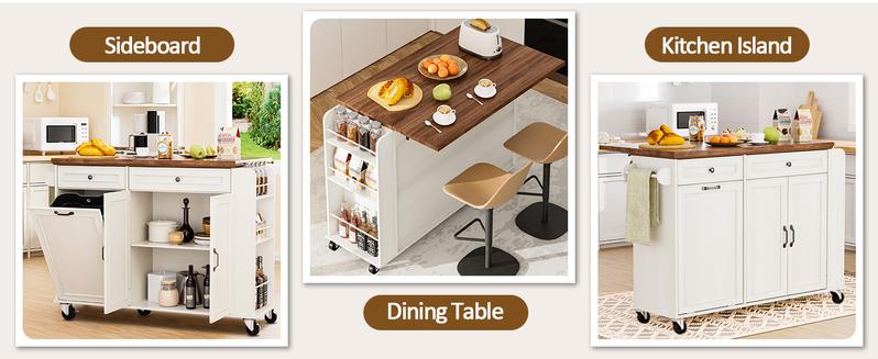 【Does Not Include Trash Can】 Spurgehom Multifunctional 47” Kitchen Island on Wheels: Features Hidden Trash Storage, Drop-Leaf Countertop, 3-Tier Spice Rack & 2 Drawers. Mobile Cart with Locking Casters for Flexible Kitchen Space