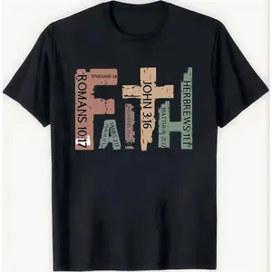Men's Round Neck Short-Sleeve Casual T-Shirt, Faith-Inspired Distressed Grunge Design with Christian Scripture (John 3:16, Romans 10:17, Hebrews 11:1) - Menswear Religious Apparel for Believers