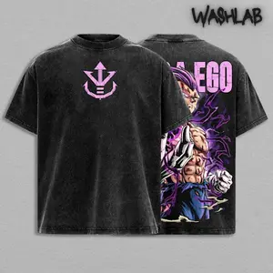 Retro Ultra Ego Saiyan Prince Anime Shirt Purple Power Awakening Washed – Double Sided Print Oversized Acid-Washed Heavyweight Cotton T-Shirt – Unisex Anime Tee, Perfect Gift for Anime Fans and Lovers Menswear Tops