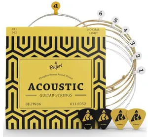 Belfort Acoustic Guitar Strings - 6 String Set with Phosphor Bronze Coating - Includes 4 Picks & 1 High E String - Designed in Germany for Optimum Sound Quality & Durability
