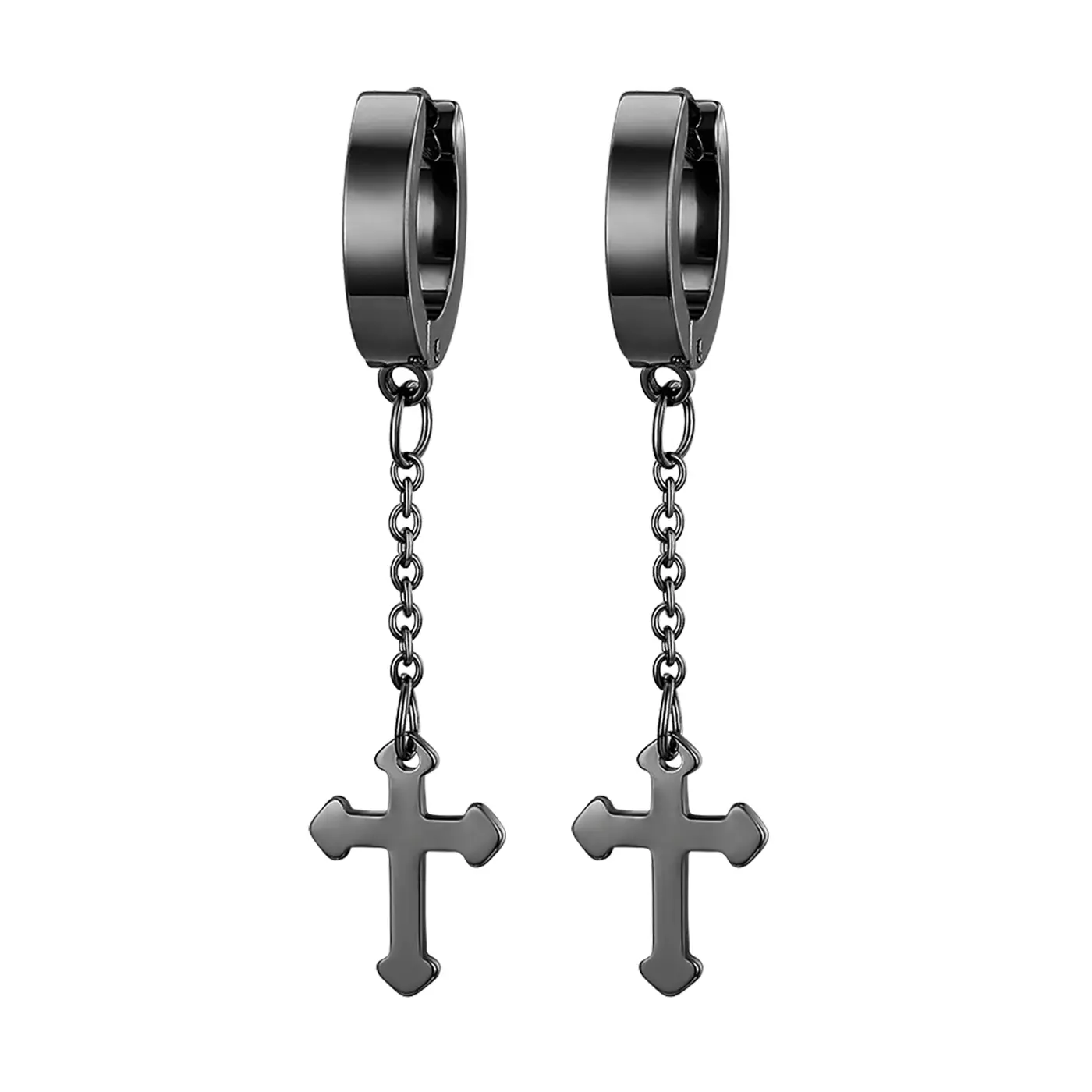OIDEA Steel Huggie Earrings with a Cross Dangle and Short Tassel Chain, Polished Look for Concerts and Gifting, Compact, Cross Drop, Punk, Unisex, Daily Wear, Chain Motif, Stainless Steel