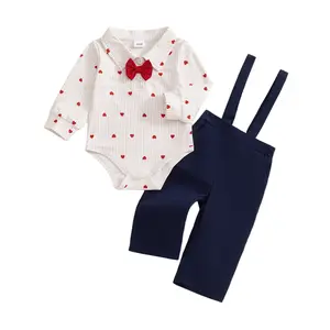 Meihuida Newborn Baby Boy Valentines Day Outfit Gentleman Heart Bowtie Romper Shirt Suspender Overalls Pants Set Fall Clothes