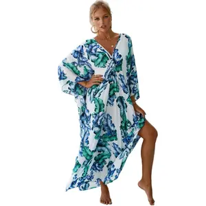 Plus Size Mumu Dresses for Women - Boho Batwing Sleeve Caftan with Side Slits, Long Moo Moo Nightgown & Beach Cover Up - Leaf Print