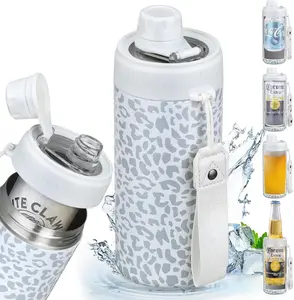 Sealed Can Cooler Fizz Lid Can Cover for 12 oz Regular, Slim Skinny Cans & As Thermal Bottle, 4-in-1 Insulated Vacuum Stainless Steel Carbonated Cold Drink Holder - Leopard