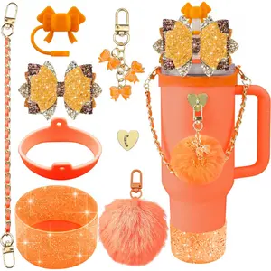 Bling Accessories for Cup 40oz & 30oz Tumbler Including Silicone Cute Bow Straw Topper Cover, Silicone Boot for Cup,Leather Water Bottle Handle Strap, Charms(Passion Orange)