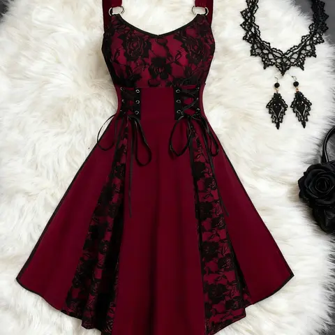 【Black Friday】Women's Gothic Lace Patchwork Strap Dress, Elegant Lace-Up Waist, Vintage Style for All Seasons, Perfect for Gothic Lovers