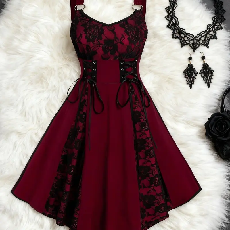 【Black Friday】Women's Gothic Lace Patchwork Strap Dress, Elegant Lace-Up Waist, Vintage Style for All Seasons, Perfect for Gothic Lovers