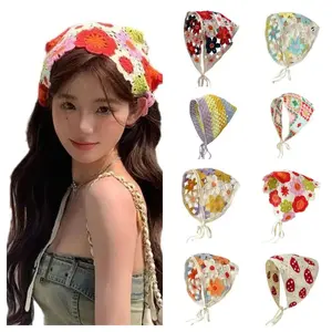 Creative Multicolor Knitting Flower Headband Little Daisy French Crochet Triangle Headscarf Spring Outing Pastoral Style Scarf
