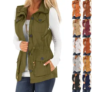 Goranbon Wome's Casual Military Utility Vest Lightweight Sleeveless Drawstring Jackets With Pockets