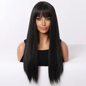 Green Wig for Women with Bangs Long Straight Hair Fashionable Full Head High Temperature Fiber Natural Black Teal Blue Pink Platinum