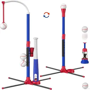 3-in-1 Kids Baseball Set with Tee Stand, Hanging Tee & Ball Launcher, 6 Softballs, Adjustable Height Sports Toy
