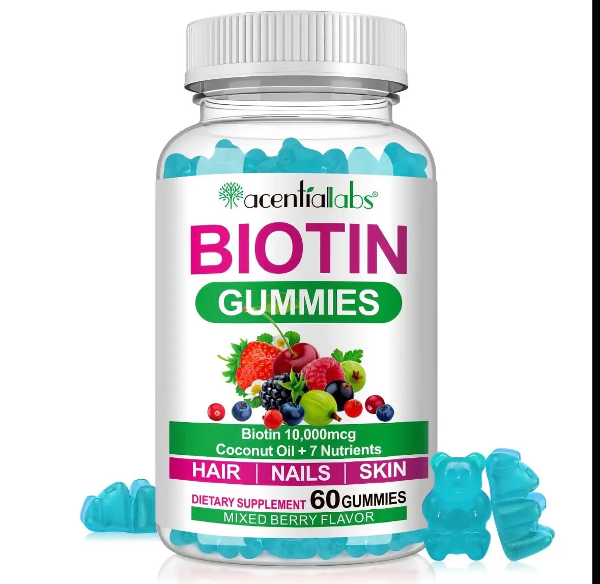 Biotin Gummies 10,000 mcg with Coconut Oil & 7 Nutrients |Mixed Berry | 60 Gummies