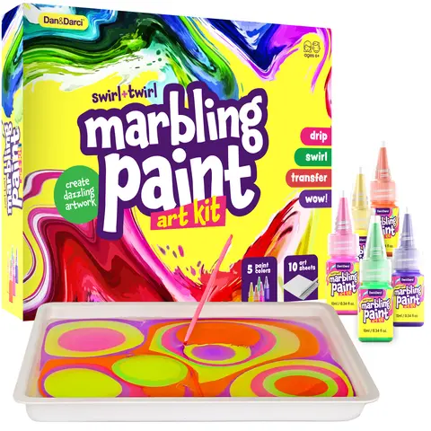 Dan&Darci Swirl-and-Twirl Marbling Paint Kit 5 Paint Colors, 10 Sheets, Includes Carrageenan Prep Powder, DIY Marble Painting Set for Coloring Book Markers & Brush Pen Art - Create Dazzling Artwork