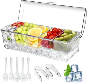 Large Ice-Chilled Condiment Caddy with 5 Removable 2.5-Cup Lidded Containers, Serving Platter & Fruit Garnish Tray for Party & Bar Kitchenware Supplies