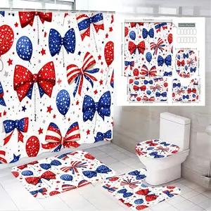 4pcs Festive American Flag Themed Bathroom Set - Red, White, and Blue Shower Curtain with Bows, Balloons, and Stars, Matching Bath Mats and The floor mat fabric is thicker and softer! Toilet Seat Cover for Patriotic Celebrations, Perfect for Fourth