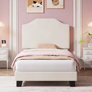 Modern Pink Corduroy Twin Bed Frame for Kids | Safe Upholstered Wave Headboard with Rounded Corners, Noise-Free Sturdy Frame, Height Adjustable Design, Easy Assembly, Low Profile for Girls Bedroom Decor
