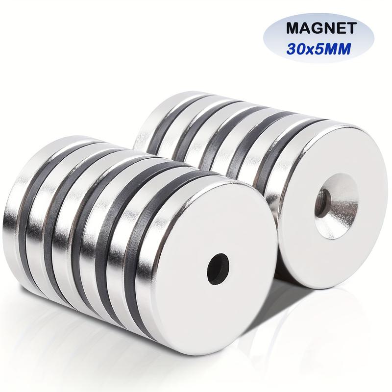 10pcs Round Rare Earth Magnetic Metal Magnets set with Hole for Wall Mounting, 30*5mm Mini Strong Neodymium Magnet ,  10 Pcs Heavy Duty Magnets with Hole in The Center for Warehouse Cruise Ship