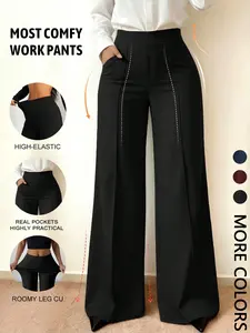 Women's Elastic Thin Flared Palazzo Pants with Pockets, Black Casual Slim Trousers for Spring Summer, Daily Commute Office Wear
