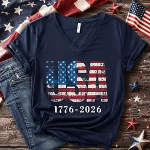 Retro USA Patriotic Bella Canvas V-Neck Shirt, 250th America Anniversary V-Neck Shirt, 1776 Vintage Style Independence Day V-Neck T-shirt