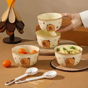 4 Set Cute Capybara Ceramic Bowl Kawaii Ceramic Anti-scald Soup Bowl Home Kitchen Noodle Ramen Tableware Bowl Dinnerware Sets