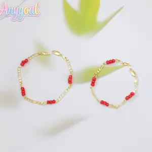 Anygoal Women's 14k Gold Plated Red Beaded Bracelet, Figaro Chain Lucky Charm Jewelry, Adjustable Bracelet for Daily Wear And Christmas Gifting,Sports Wristband