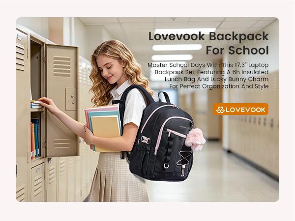 LOVEVOOK School Backpack for Girls, Large Capacity 15.6 Laptop Backpack with Tumbler Pockets, Multi-Compartment Backpacks with Lucky Bunny Charm, Water-Resistant Travel Backpack, TikTokShopBackToSchool
