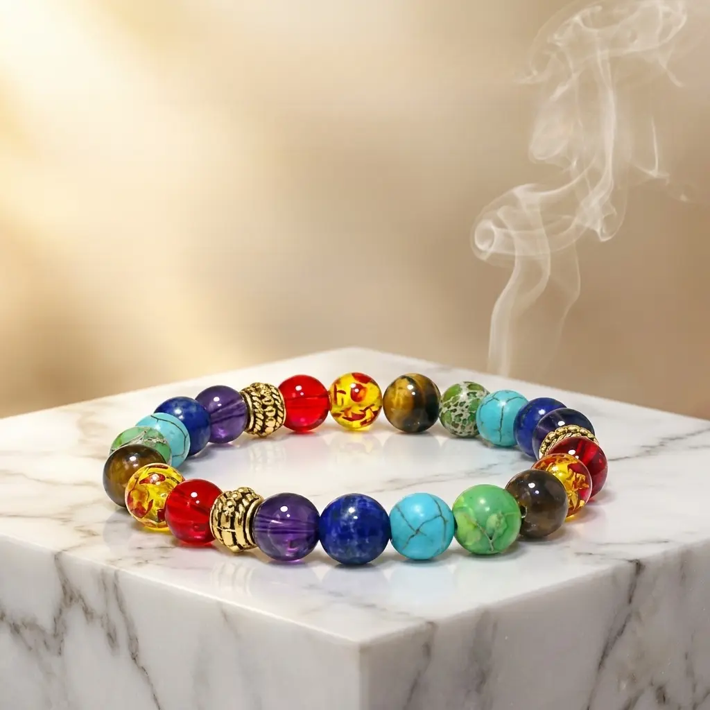 Unisex 7 Chakra Healing Stretch-Fit Bangle Bracelets - 8mm Authentic Handmade Natural Stones Beads (Tiger Eye, Turquoise, Red Agate, Amethyst), 17-19cm, [3 golden circles] Style C/[5 silver rings] Style A, for Yoga, Daily Wear
