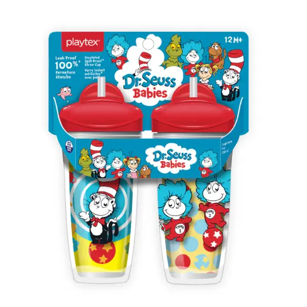 Playtex Baby Stage 3 Dr. Seuss Straw Sippy Cups - Leakproof, Spill-Proof, Insulated, 3D Graphics, 9 oz (Pack of 2) Baby Feeding Accessories, Straw Sippy Cup