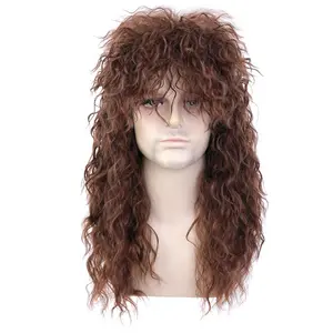 Men’s Women 80s Rockstar Style Long Brown Curly Punk Rock Hair Wig Glam Rock-Rocker Wig Perfect for Halloween, Cosplay, DIY Themed Costume Party