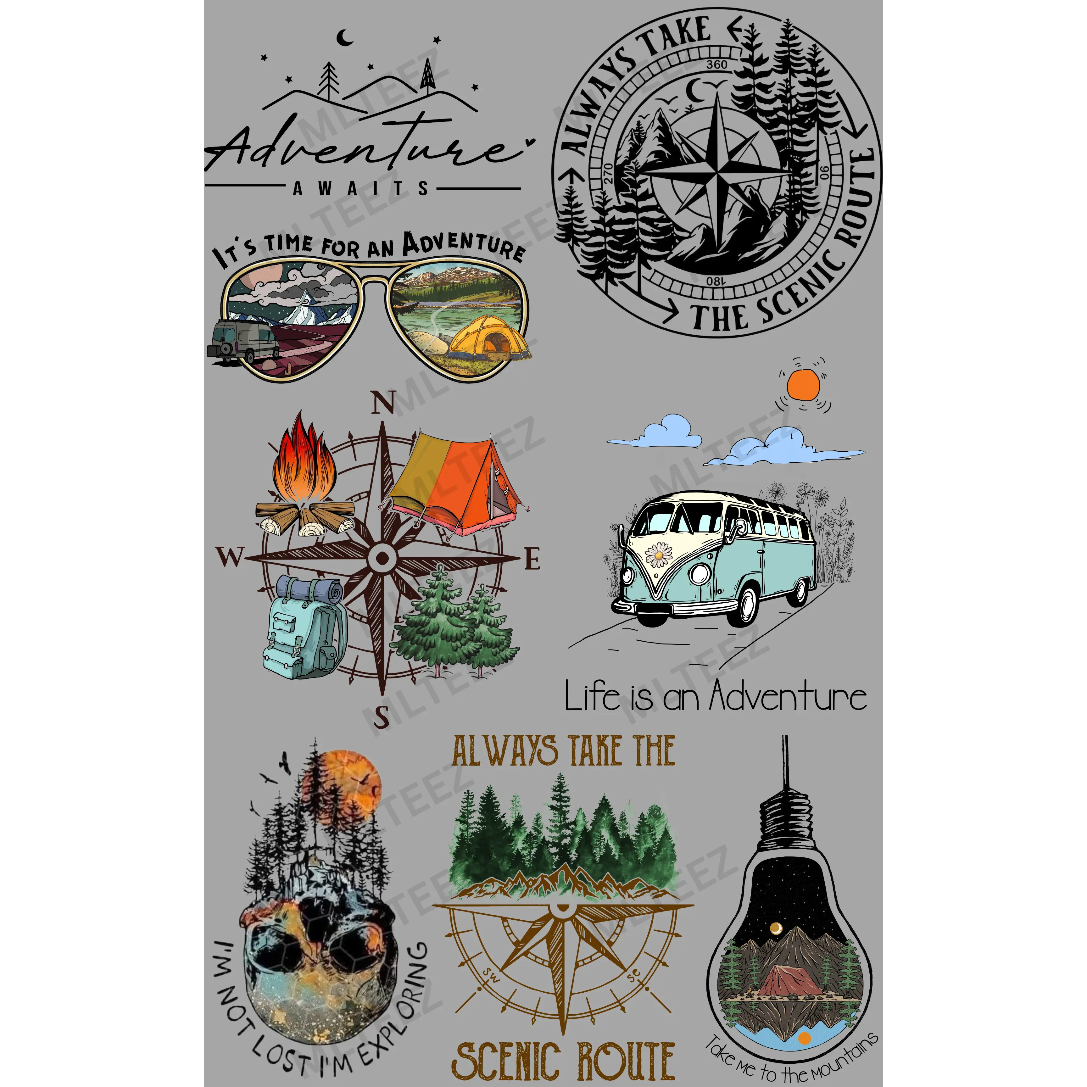 ADVENTURE AWAITS (1) PREMADE GANGSHEET - 22X36 DTF TRANSFERS - DIRECT TO FILM