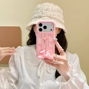 3D Boots Pendant Soft Silicone Phone Case For IPhone 12 13 14 15 16 17 Pro Max Plus Pink Bow Decoration