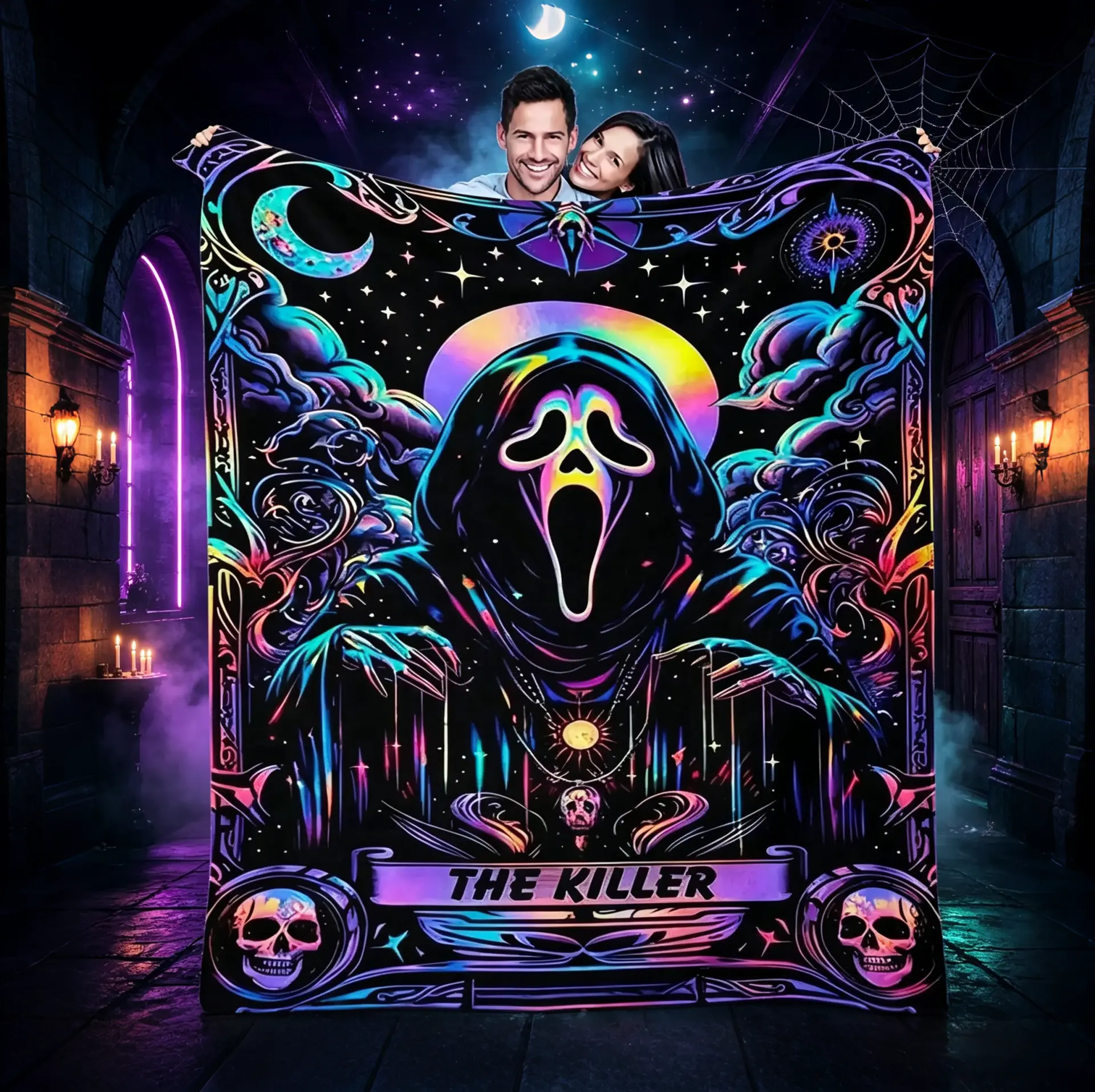 The Killer Flannel Throw Blanket, Neon Colorful Skull Moon Tarot Style Horror Movie Blanket, Gothic Spooky Halloween Blanket, Scary Film Fan Merch Blanket For Horror Lovers