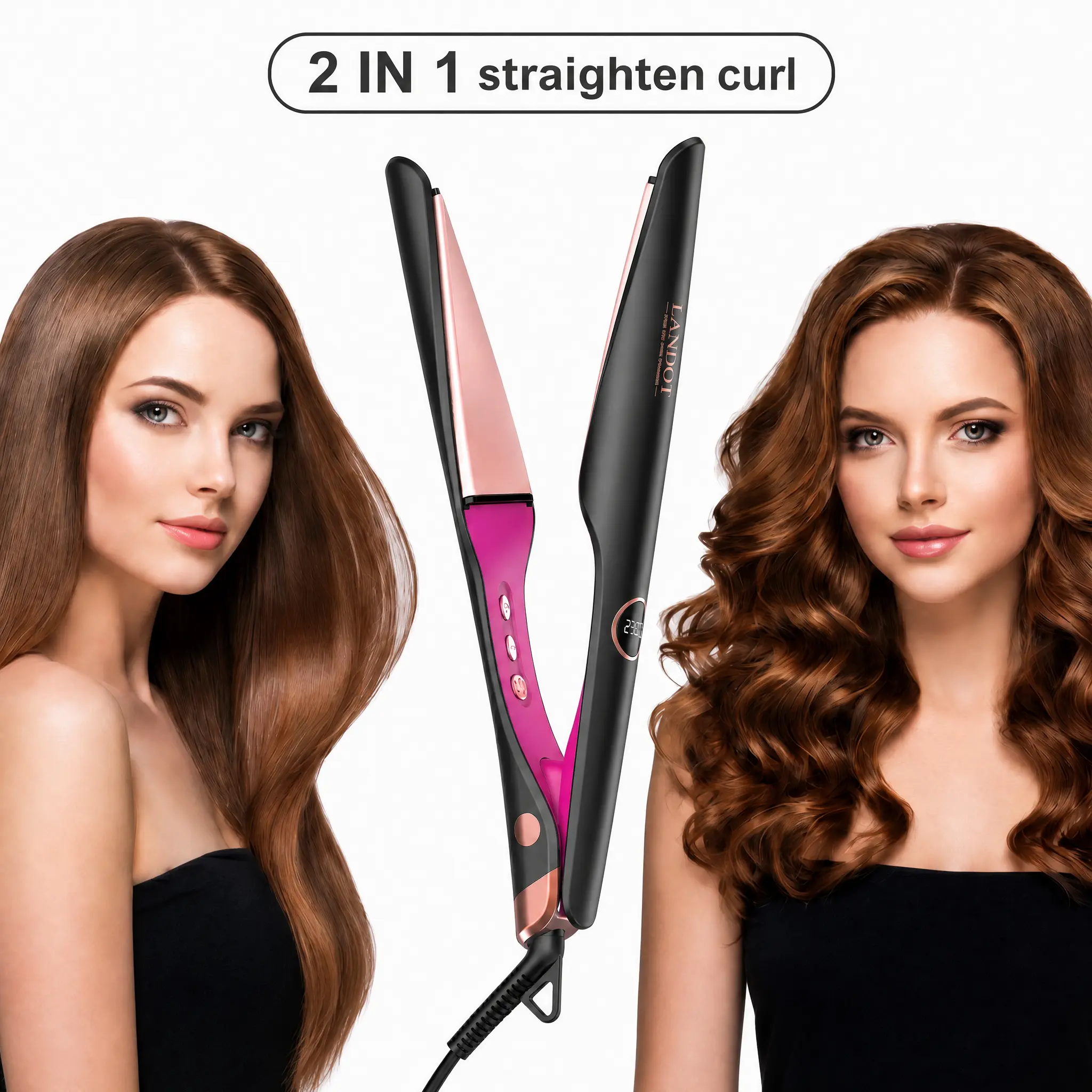 LANDOT 2-in-1 Ceramic Titanium Hair Straightener & Curling Iron - Adjustable Twist Floating Plates, Anti-Frizz, Dual Voltage, 12 Temps (250-450°F) for All Hair Types
