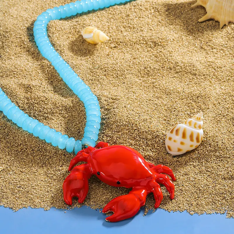 Red Crab Beaded Necklace - Unique Funky Seaside Cartoon Costume Jewelry, Lightweight Standout Accessory for Men & Women’s Summer Vacation Fashion, Cartoonish Crab, Ease Of Wear, Beaded Necklaces, Unisex, Casual, Coastal Boho Necklaces