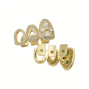 2 pcs Hollow Triple Bracelet Teeth Jewelry - Golden-Tone Hip-Hop Grill Braces with Green Accent Stones, Non-Piercing Clips for Everyday or Special Events - Urban Street style Dental Accessories for Teens & Adults, Braces for Teeth