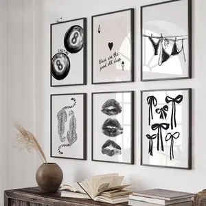 Trendy wall art, lip print bow 8 ball poker card poster, vintage leopard print canvas painting, college style room decoration, frameless, Artwork