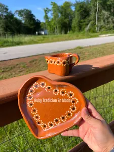 Heart Coffee Clay Cup and Plate Set / Heart Shape Clay Mug / Clay Cups/ Jarritos Mexicanos/ Tazas Artesanales/ Artesanias Mexicanas Ceramic Traditional