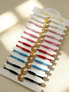 12pcs Handmade Star Moon Bracelet Set, Alloy Crescent Five-Pointed Star Charm, Adjustable Woven Fabric Bohemian Multicolor Jewelry, Matching Bracelets