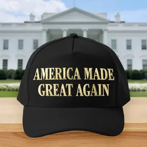 America Made Great Again Hat with Gold Text and Black Mesh Design
