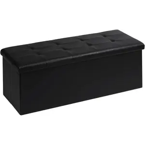 Folding Storage Ottoman Bench, Black Faux Leather Long Chest with Tray, Footrest Seat, Blanket Storage for Living Room Bedroom Office Hallway, 43.3"x15"x15"