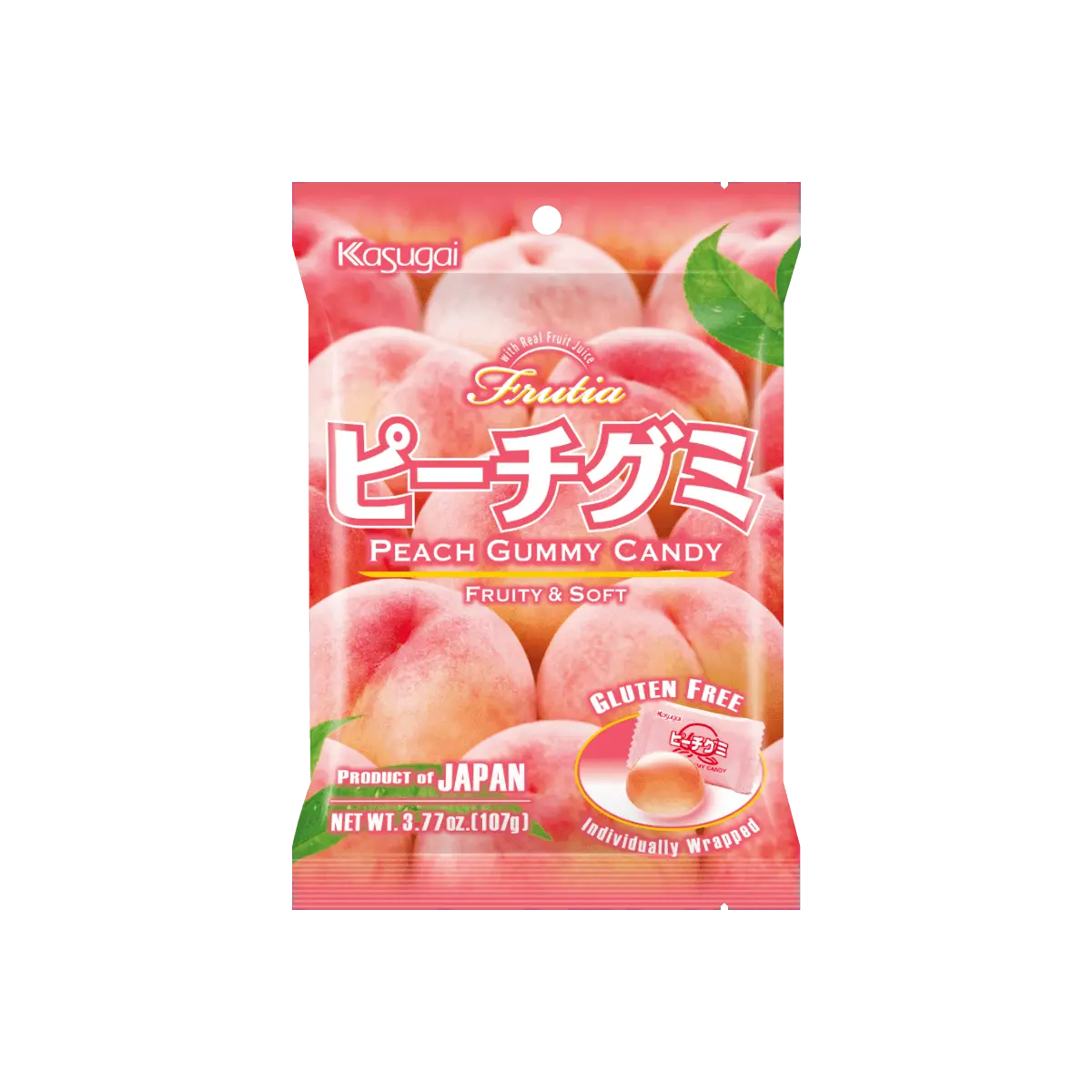 Kasugai Japanese Peach Gummy Candy 107g - Gluten-Free, Soft & Chewy Fruit Snacks