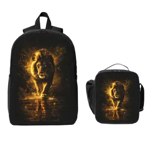 Ferocious Black Gold Lion Backpack and Lunch Bag Set Bundle Large Capacity Backpack with Insulated Lunch Tote Lightweight Durable Multi Pocket Design Comfortable Shoulder Straps Travel Daily Use Organizer Stylish Matching Set Unisex
