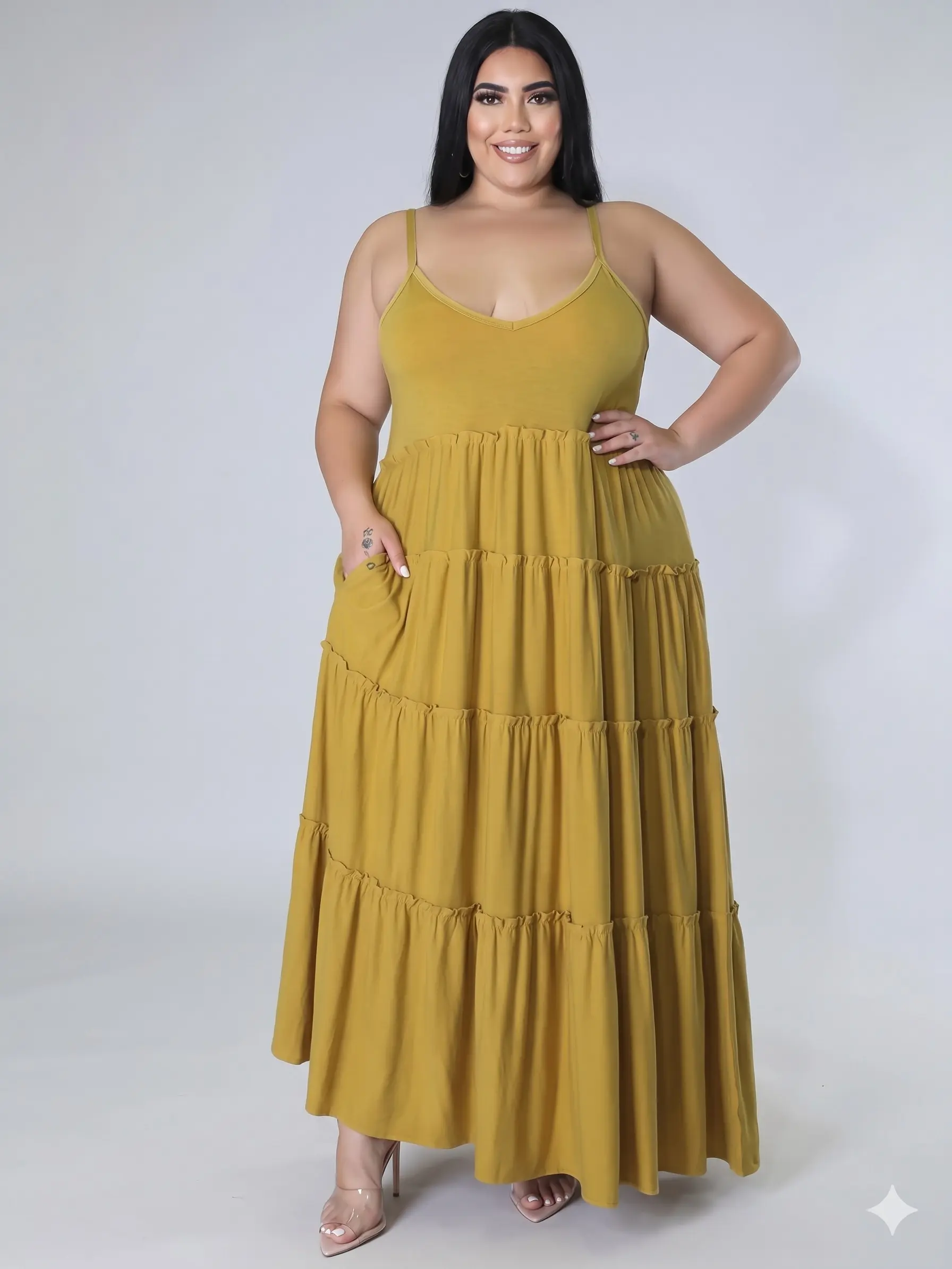 Plus Size Women's Summer Sleeveless Maxi Dress - Plus Size Fashion Clothes (0xl,1xl,2xl), Minimalist Basic Casual Wear, Tiered Skirt, Solid Color, Soft Lightweight Fabric, Pockets, Comfy for Vacation, Beach